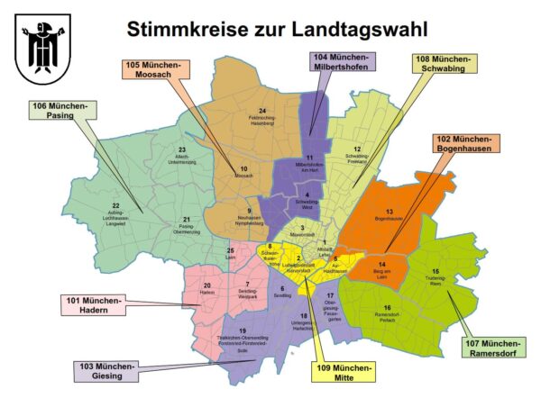 Stimmkreiskarte München-Stadt zu den Landtagswahlen und Bezirkswahlen in Bayern 2023