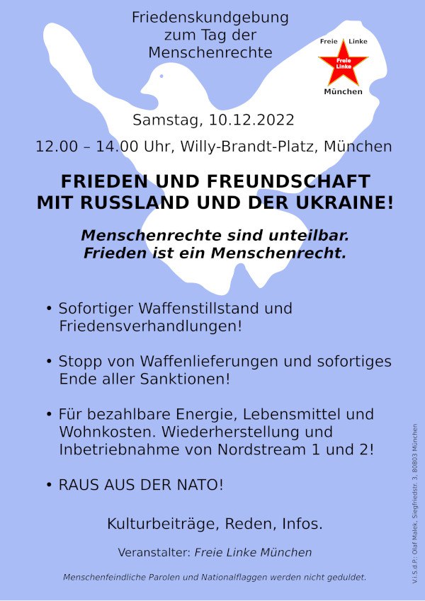 Plakat für die Friedenskundgebung zum Tag der Menschenrechte am Samstag, 10.12.2022 in München