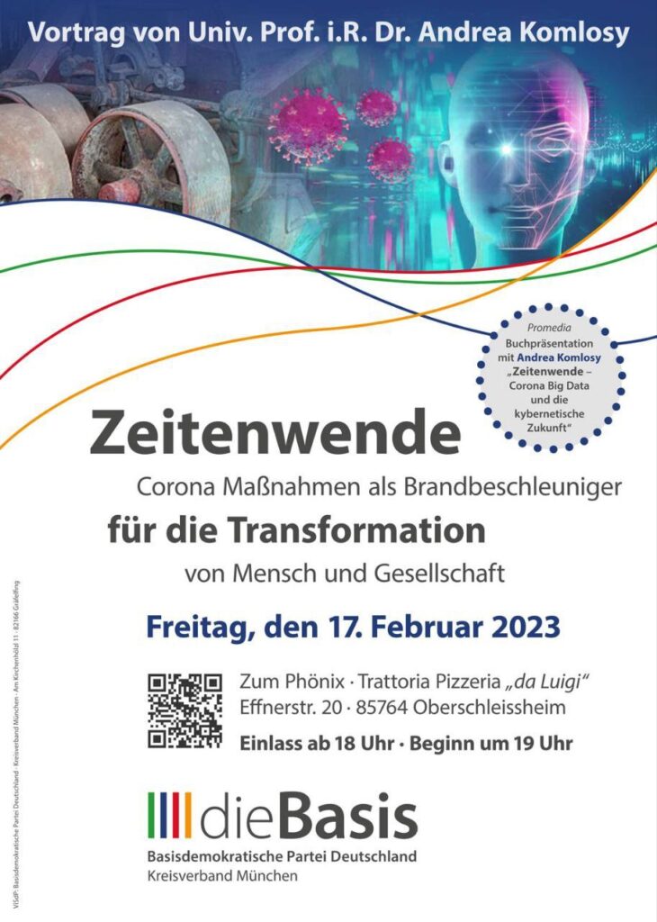 Plakat und Beitragsbild zum Vortrag "Zeitenwende - Corona Maßnahmen als Brandbeschleuniger für die Transformation von Mensch und Gesellschaft" am 17.02.2023 in Oberschleissheim