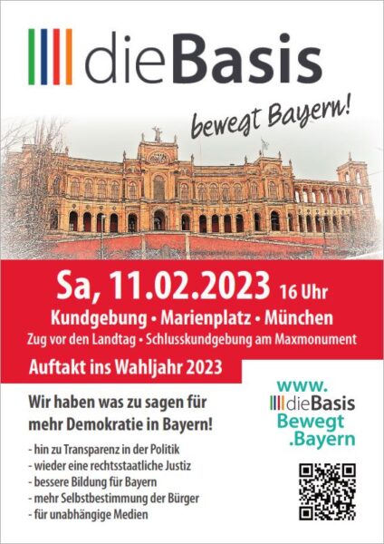 dieBasis bewegt Bayern: Flyer zur Kundgebung am 11.02.2023 in München am Marienplatz
