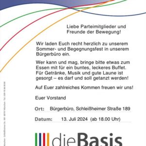 Flyer zum dieBasis Sommerfest 2024 des Kreisverband München