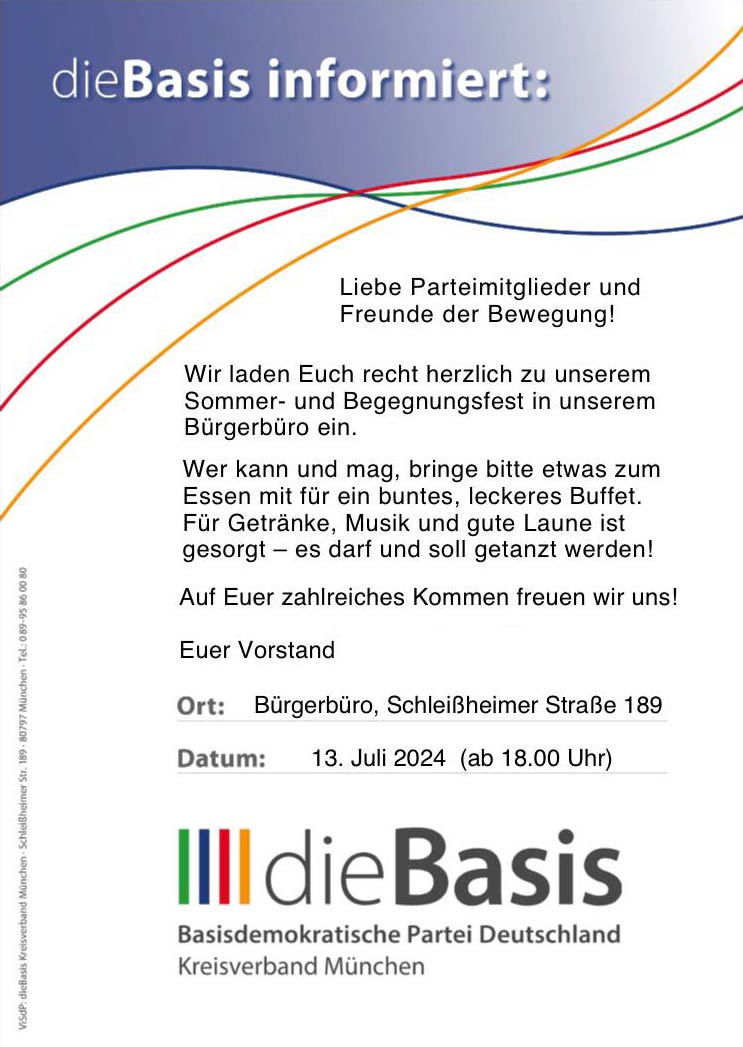 Flyer zum dieBasis Sommerfest 2024 des Kreisverband München