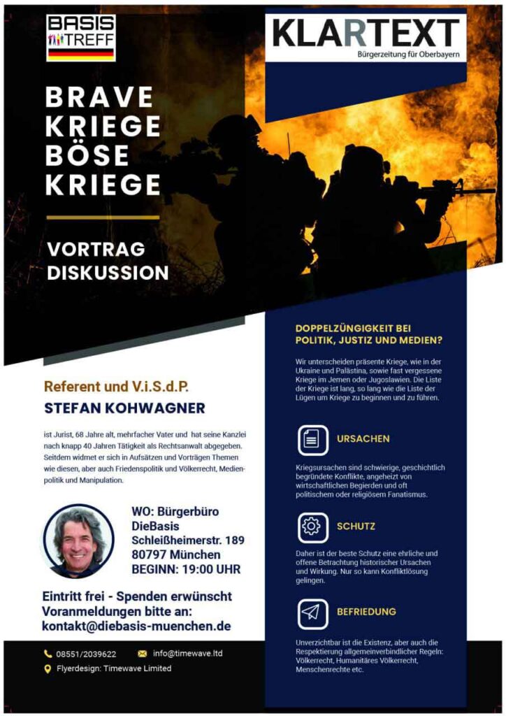 Flyer zum Vortrag "Brave Kriege Böse Kriege" am 24.01.2025